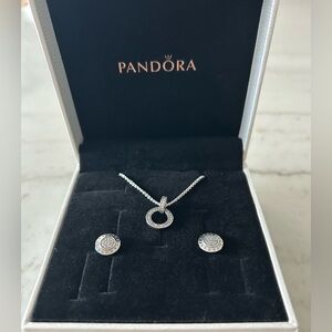Pandora Silver Circle Pendant Necklace with White Pave Stud Earrings